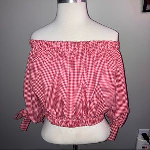 Zara Gingham Tube Top Off Shoulder Crop Red & White Large Country Look Summer